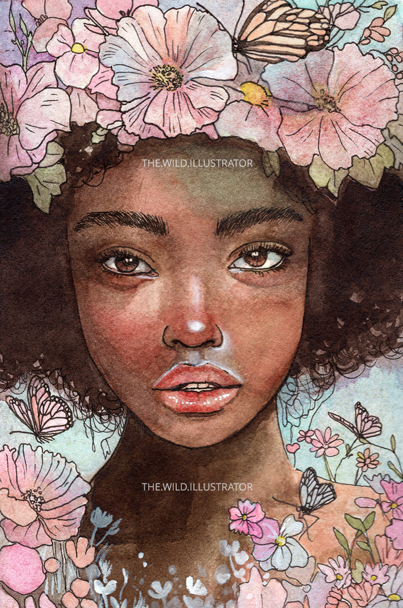 Fine art print of a Black woman surrounded by spring flowers, inspired by nature, beauty, and femininity.