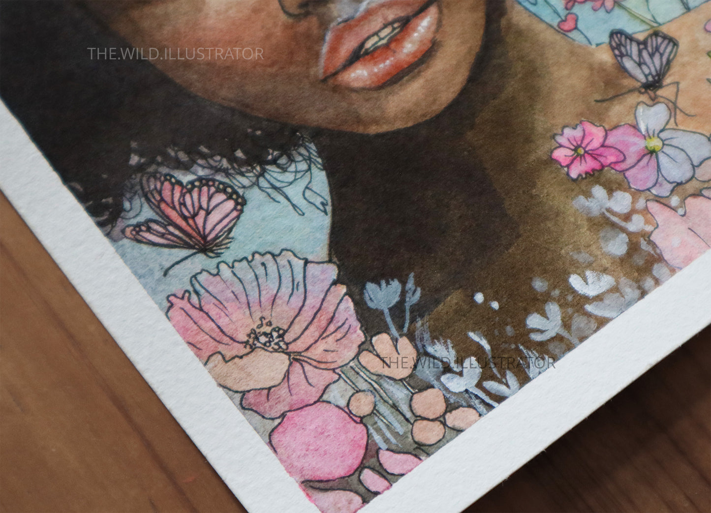 Close-up of a botanical portrait with soft, organic brushstrokes and delicate floral details on 100% cotton Fabriano paper.