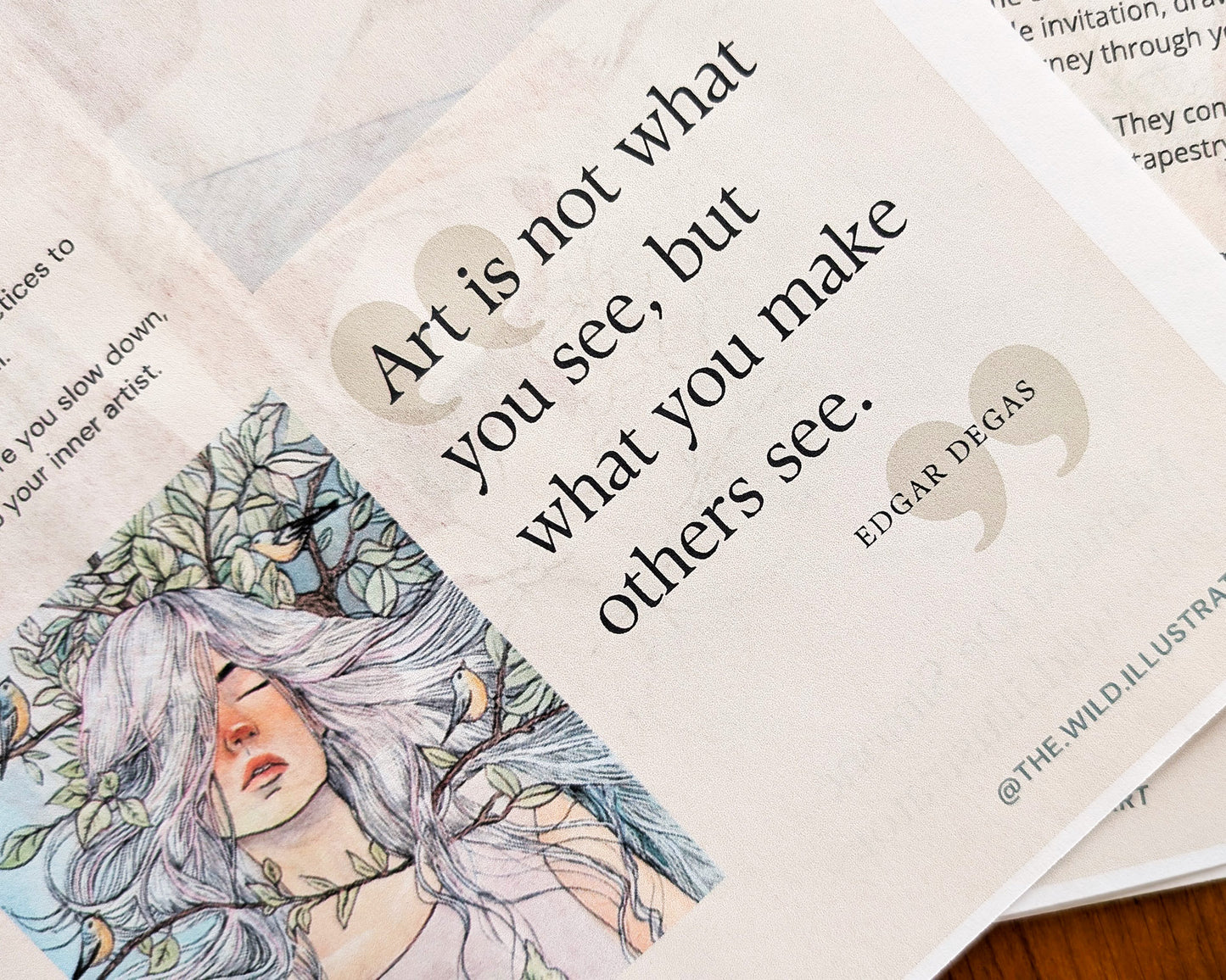 Detail of poetic art guide page with forest-inspired drawing