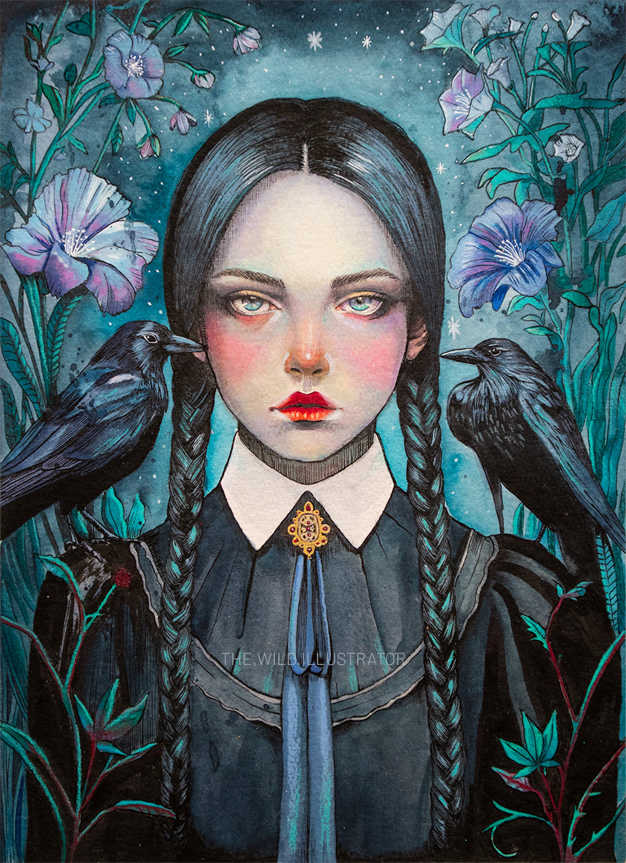 Dark Bloom limited edition art print featuring Wednesday Addams – gothic floral illustration by The Wild Illustrator