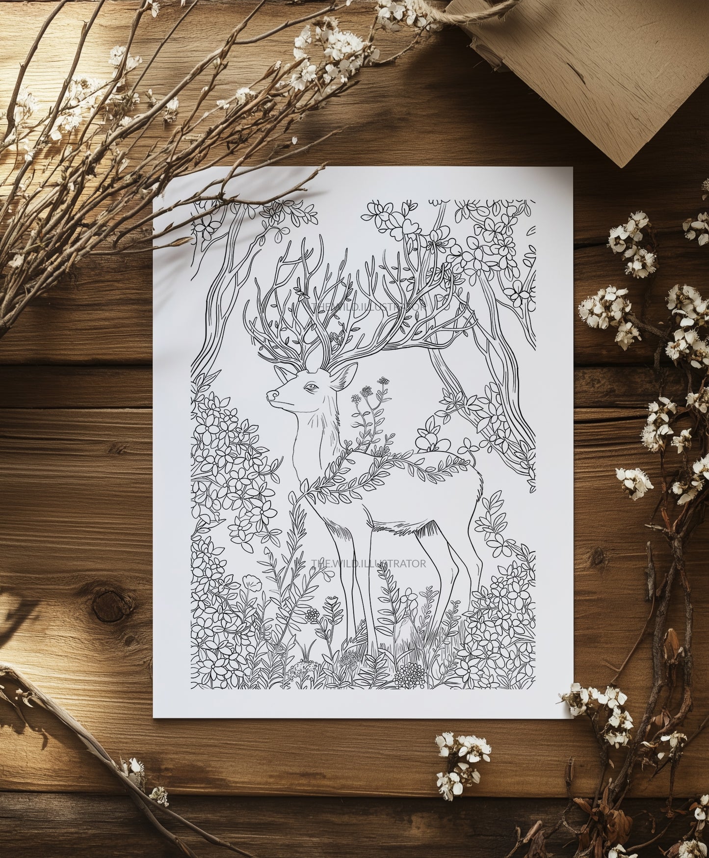 Highly detailed deer in a forest coloring page, featuring intricate woodland plants and trees. Perfect for mindfulness and stress-relieving coloring sessions.