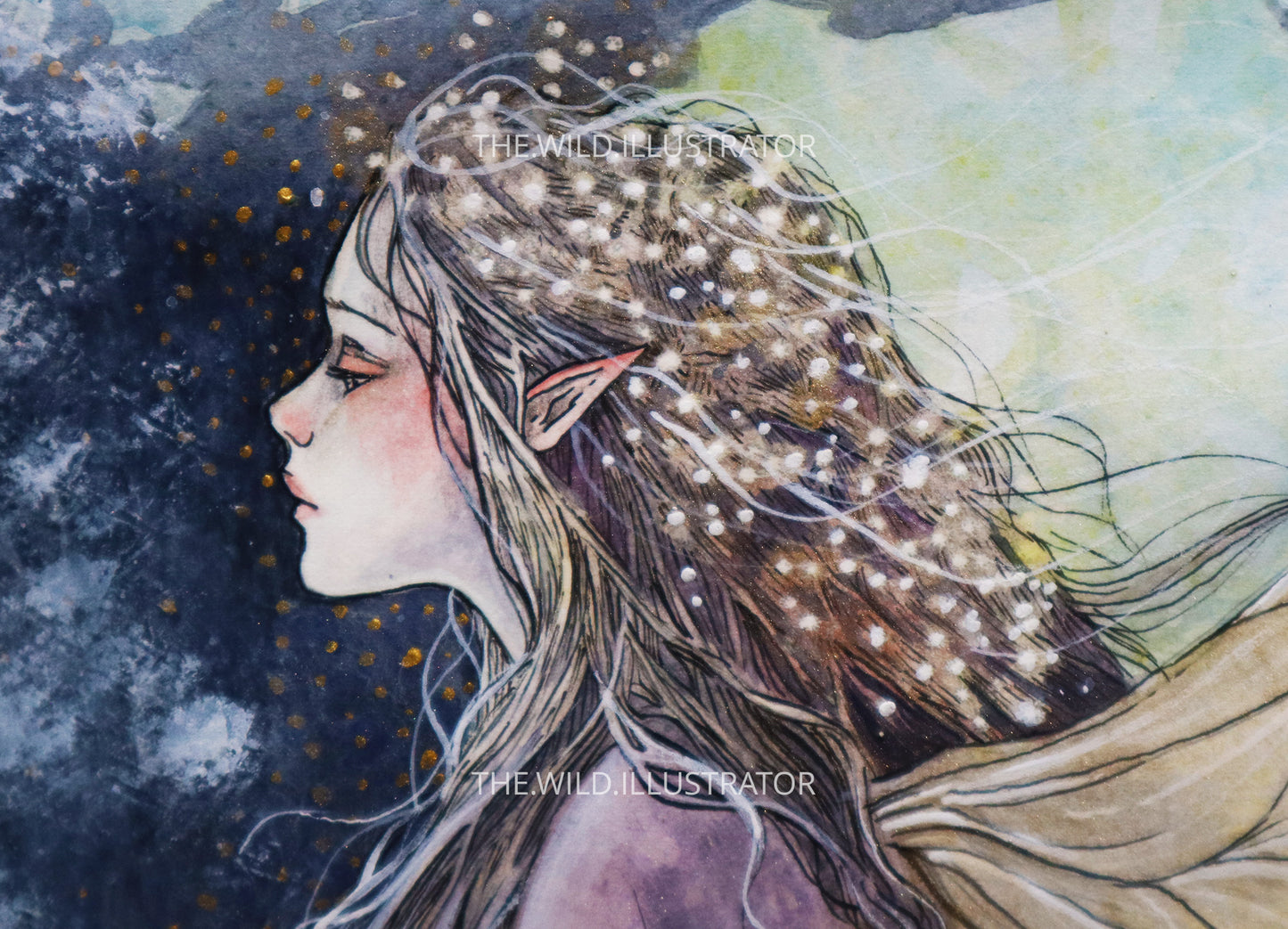 Keeper of Winter’s Glow – Original Fairy Watercolor Painting with Golden Details, Dark Fantasy Illustration