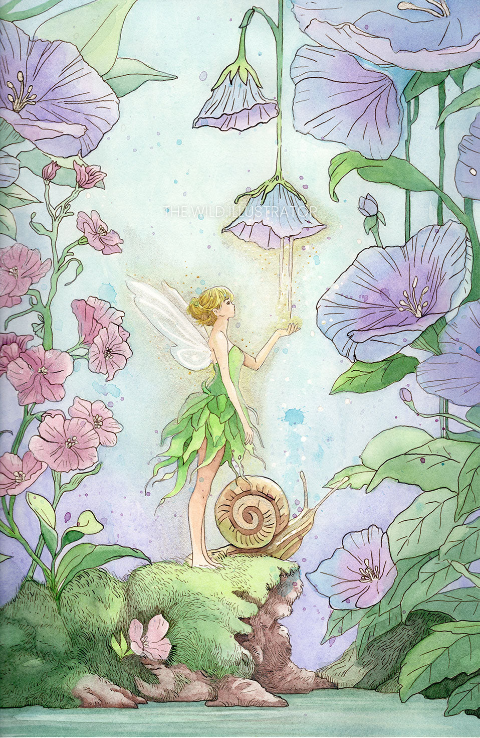 Art print "Morning Magic" inspired by Tinker Bell, soft morning light and optional gold hand-painted accents
