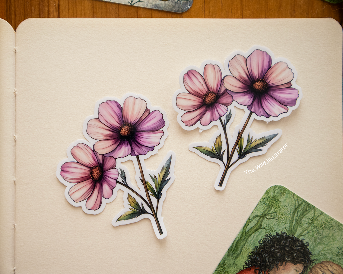 Watercolor spring sticker of a pink flower