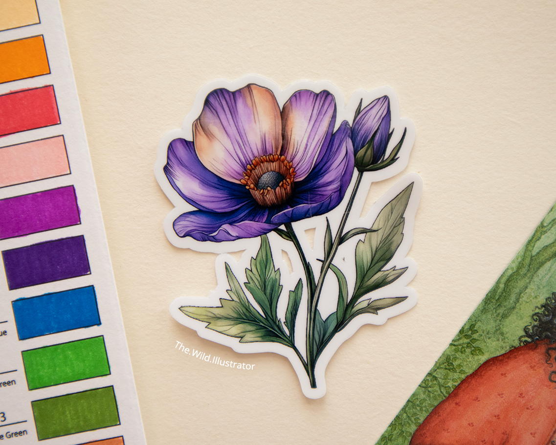 Watercolor spring sticker of a purple flower