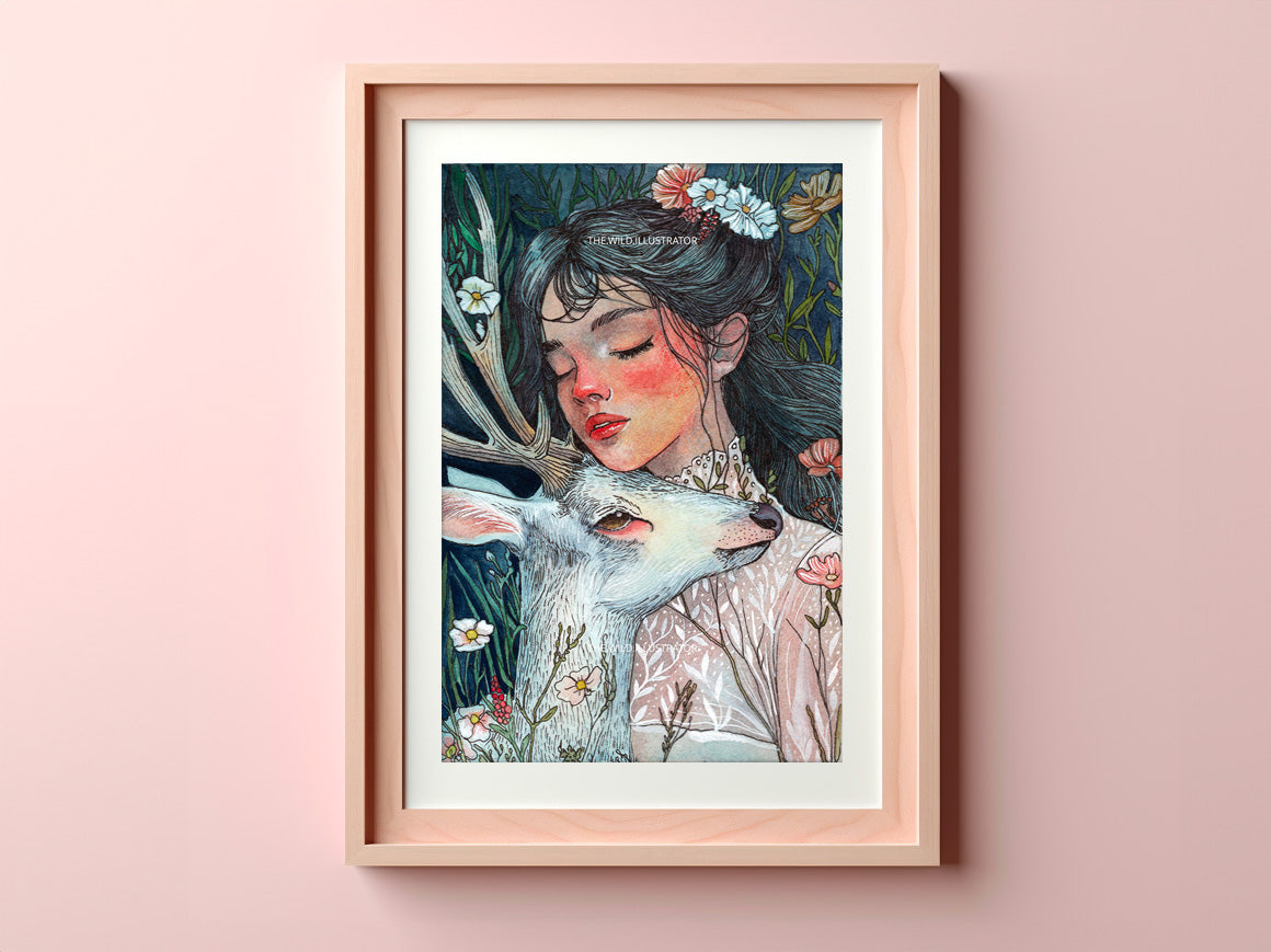 Fine art print of a woman and a white deer, surrounded by wildflowers and nature, symbolizing harmony and intuition.