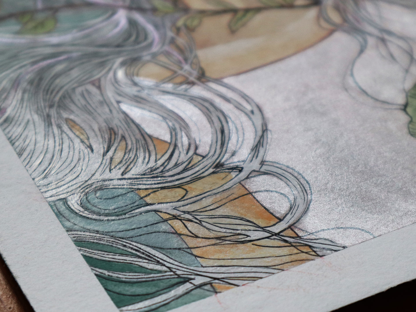 Hand-painted watercolor artwork of a woman surrounded by foliage and birds, with shimmering metallic highlights. Size 19x27 cm on 100% cotton paper.