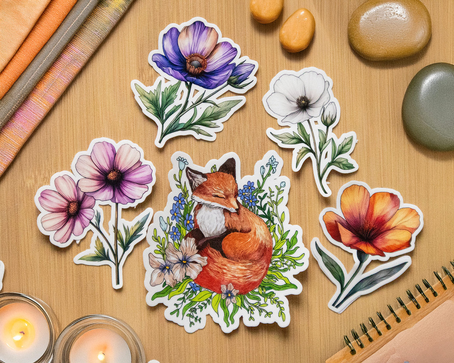 Set of 5 Vinyl Stickers – Wild Flowers & Sleeping Fox