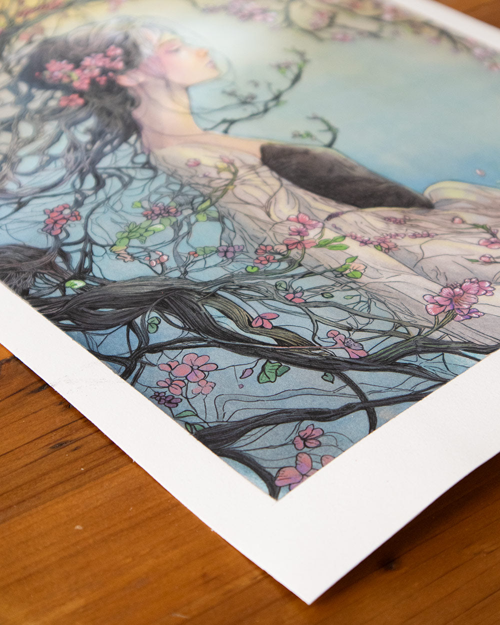 Original mixed media painting of a mystical woman emerging from a cherry blossom tree – The Sakura