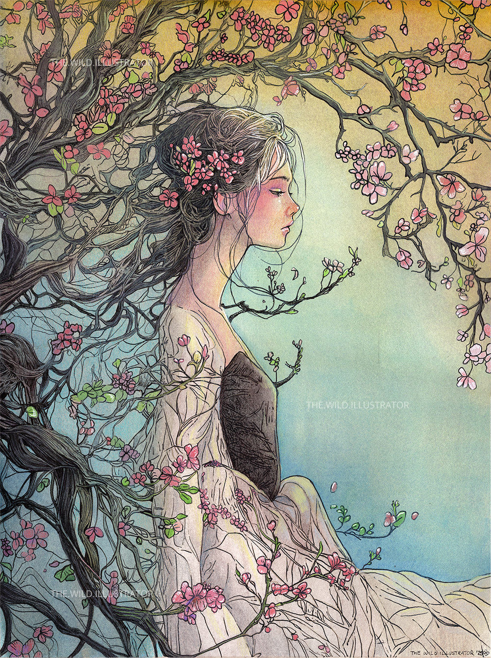 Original mixed media painting of a mystical woman emerging from a cherry blossom tree – The Sakura
