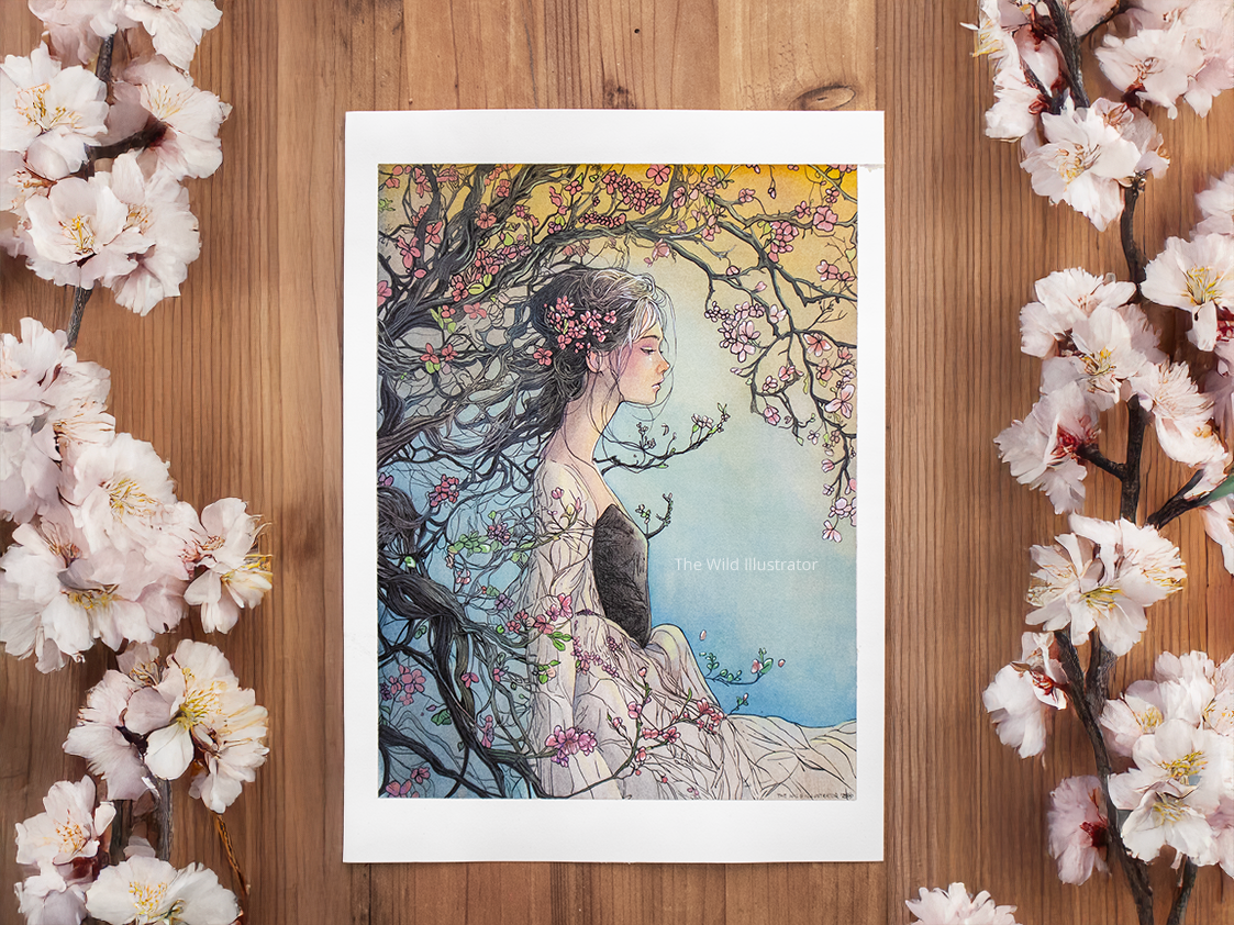 Original mixed media painting of a mystical woman emerging from a cherry blossom tree – The Sakura