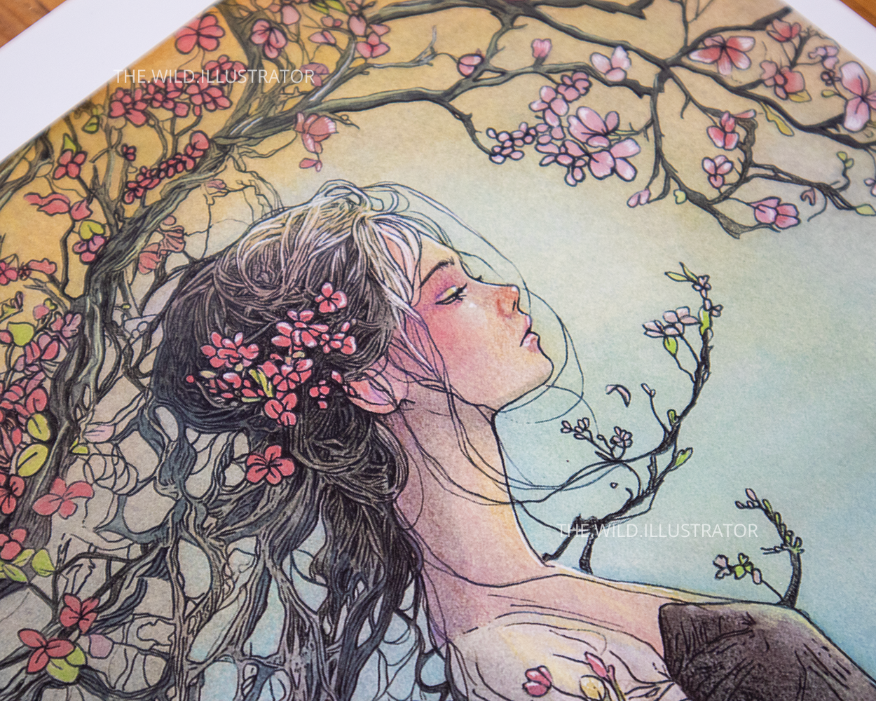 Art print of a poetic spirit inspired by cherry blossoms and spring energy.