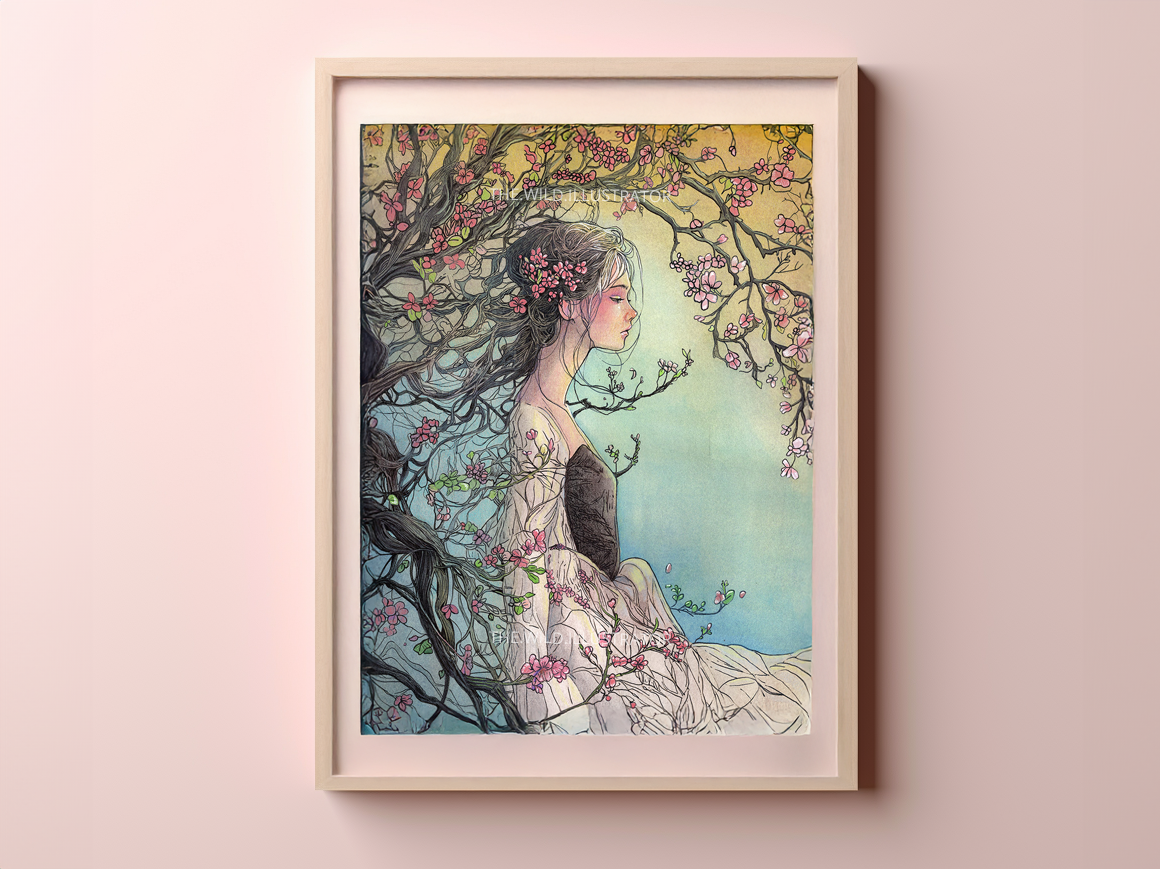 Art print of a poetic spirit inspired by cherry blossoms and spring energy.