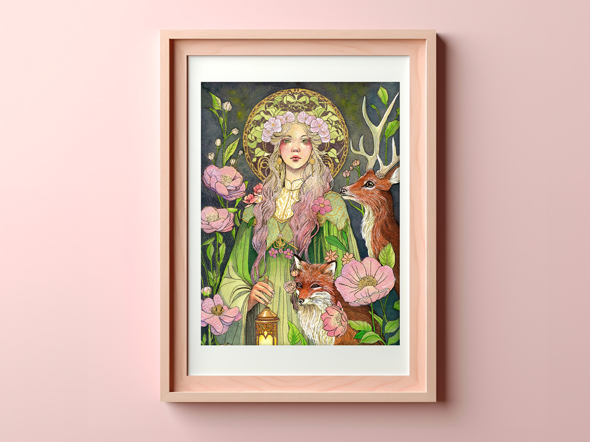 Via Interior fine art print – dreamy female figure holding a lantern, surrounded by a fox, a deer, and floral elements in a symbolic forest.