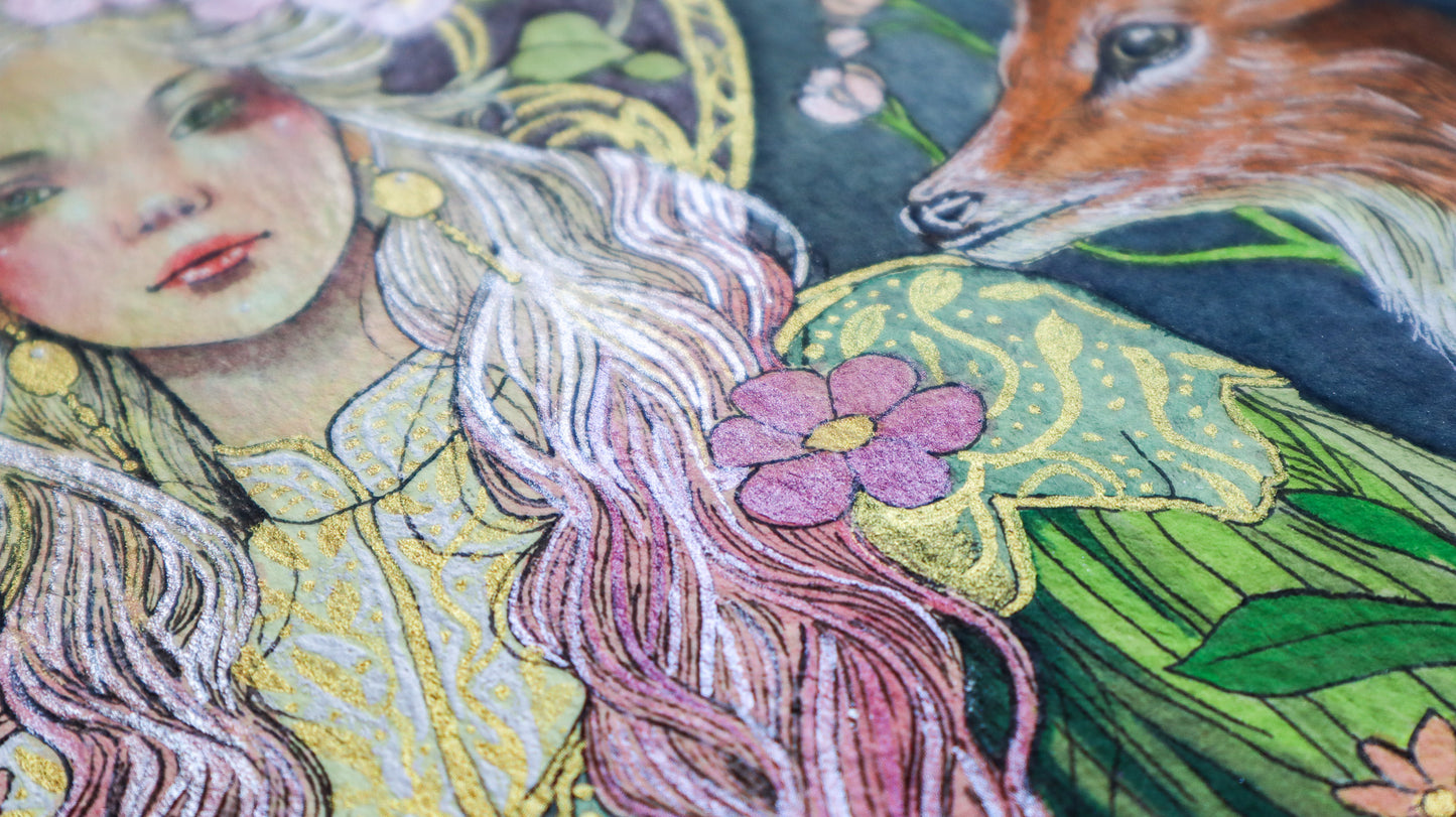 Via Interior original watercolor painting – symbolic female figure holding a lantern, surrounded by animals and dreamlike scenery.