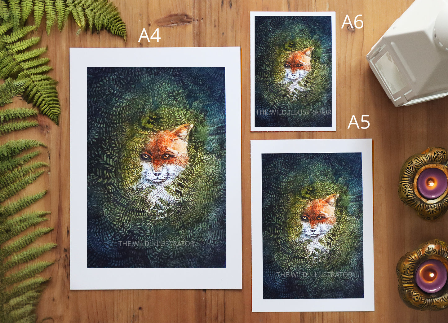A detailed art print of a fox nestled among lush ferns, symbolizing wisdom and the unseen magic of nature, in a mystical woodland setting.