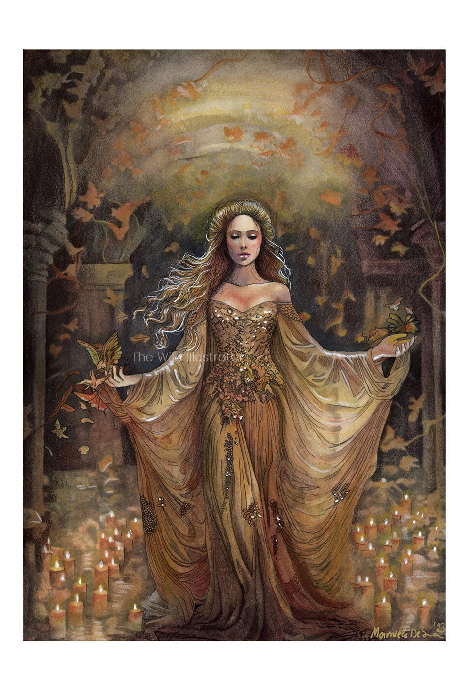 Two Worlds art print – spiritual woman among candles, whimsical home decor