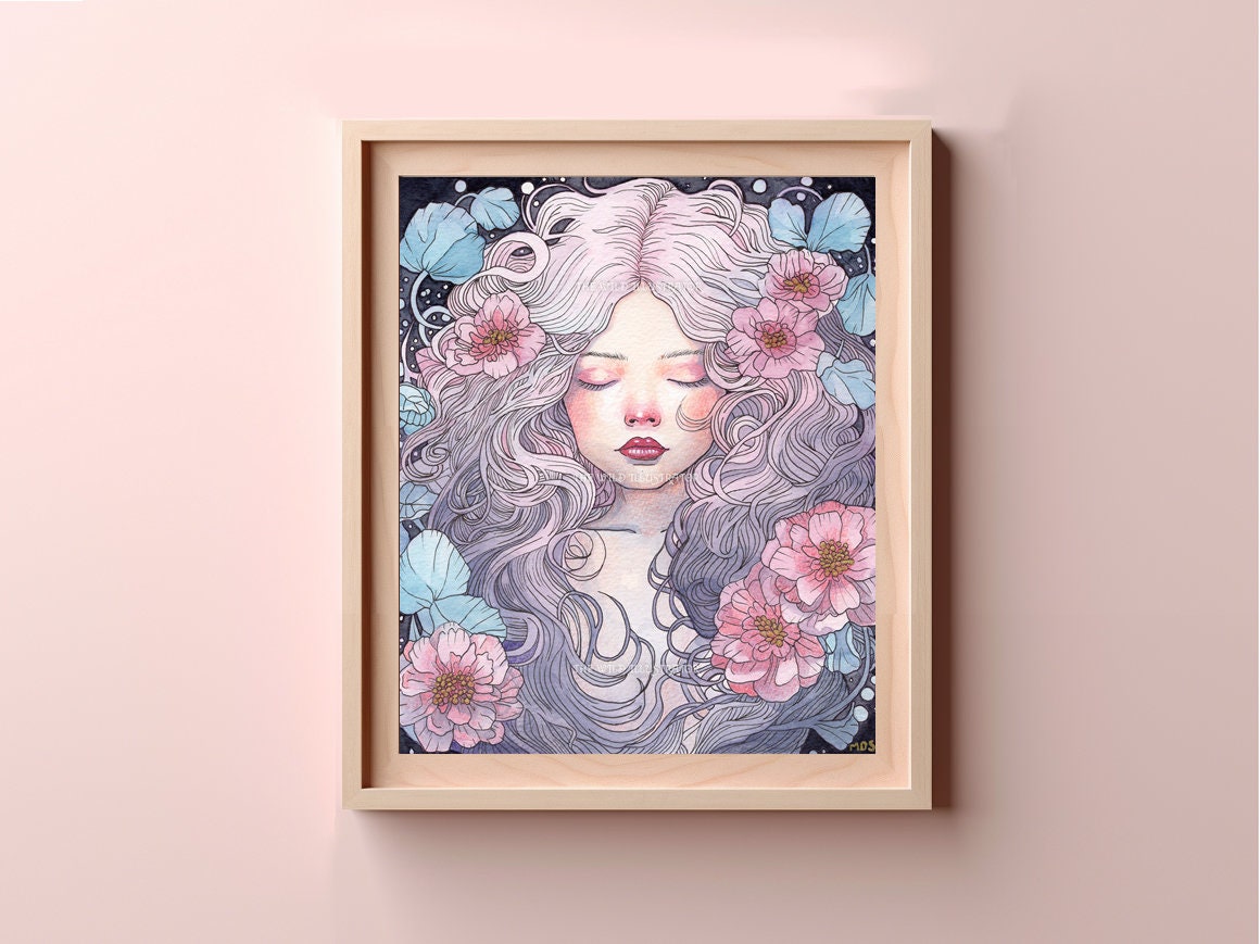 Stardust Hearts celestial art print, featuring hand-embellished gold ink, floral and cosmic elements, feminine decor