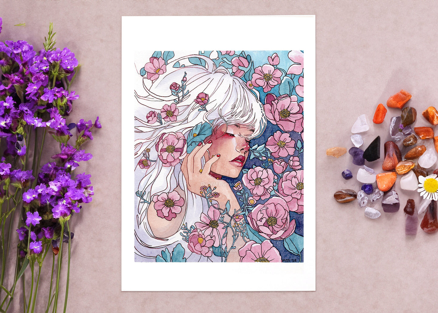 Spring Muse art print featuring an ethereal woman with white hair and floral blooms, symbolizing spring and renewal, with optional hand-applied gold embellishments.