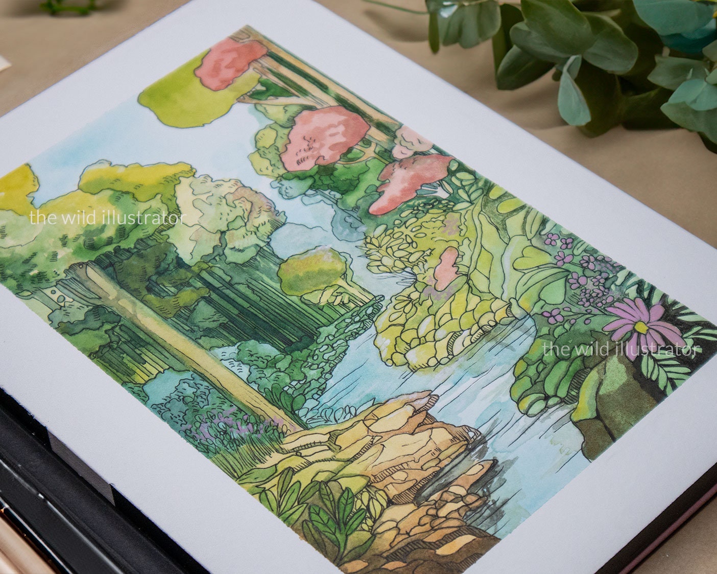 Original ink and watercolor painting of an enchanted forest with ethereal light, nature-inspired whimsical art on 100% cotton paper.