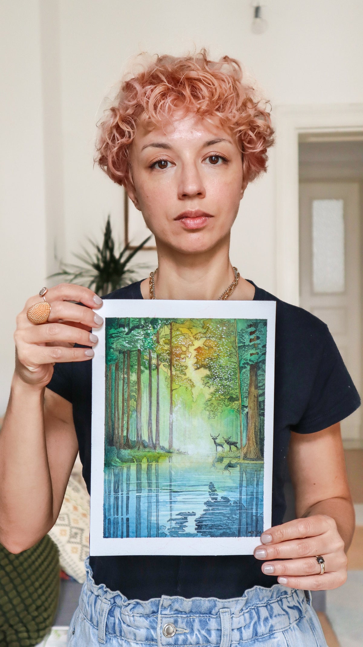Original ink and watercolor painting of two deer reflected in a forest pond, creating a mystical nature scene.
