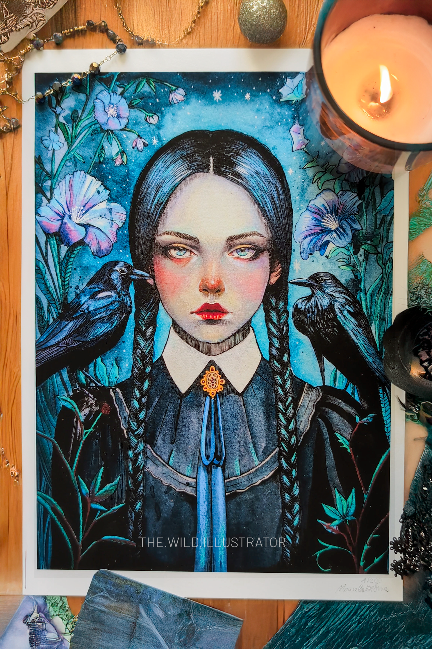Dark Bloom limited edition art print of Wednesday Addams – gothic floral illustration by The Wild Illustrator