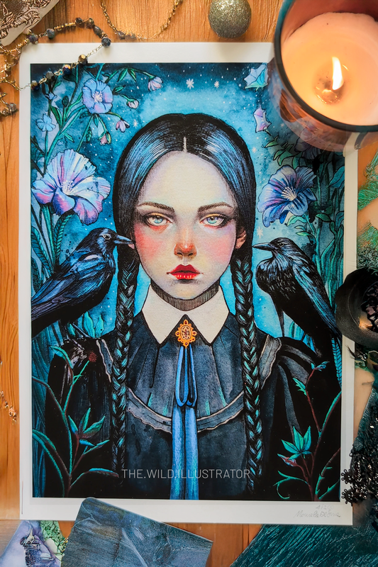Dark Bloom limited edition art print of Wednesday Addams – gothic floral illustration by The Wild Illustrator