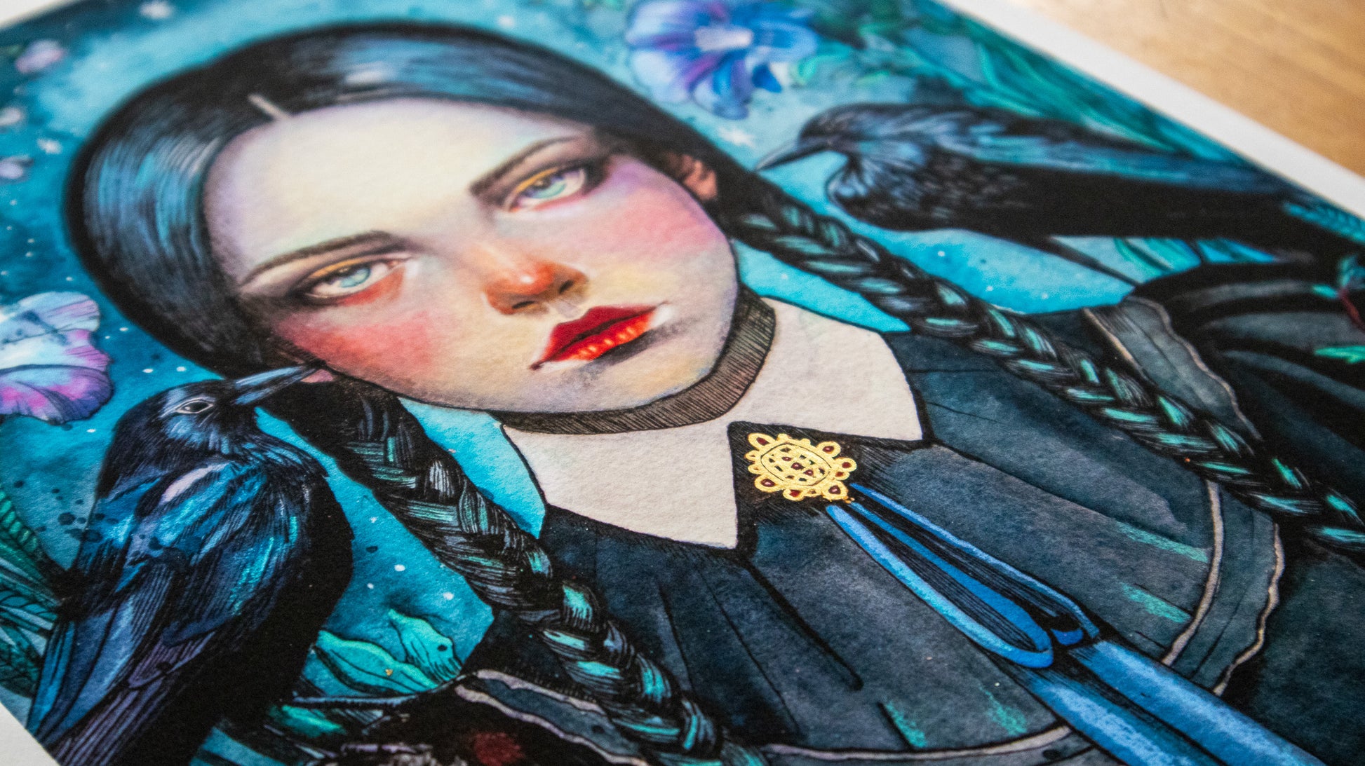 Close-up of Dark Bloom limited edition art print of Wednesday Addams – gothic floral illustration by The Wild Illustrator