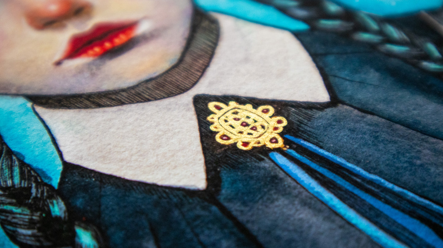 Close-up of Dark Bloom limited edition art print of Wednesday Addams – gothic floral illustration by The Wild Illustrator