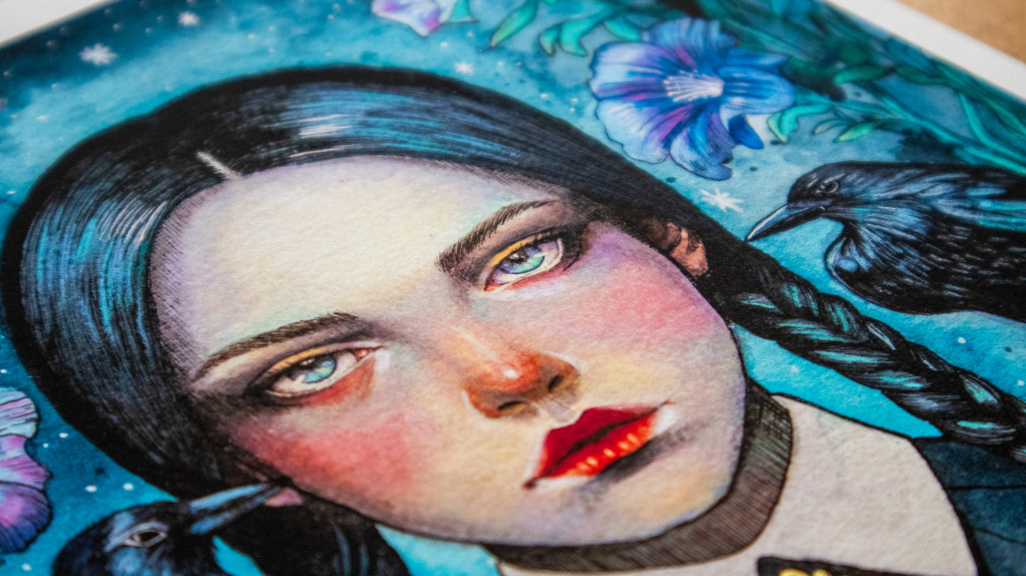 Close-up of Dark Bloom limited edition art print of Wednesday Addams – gothic floral illustration by The Wild Illustrator