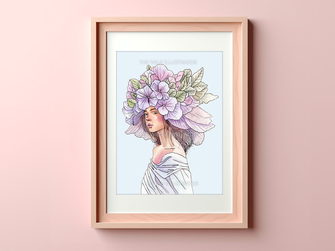 Floral Reverie art print of a woman with pastel flowers blooming from her hair, symbolizing spring’s renewal and tranquility.