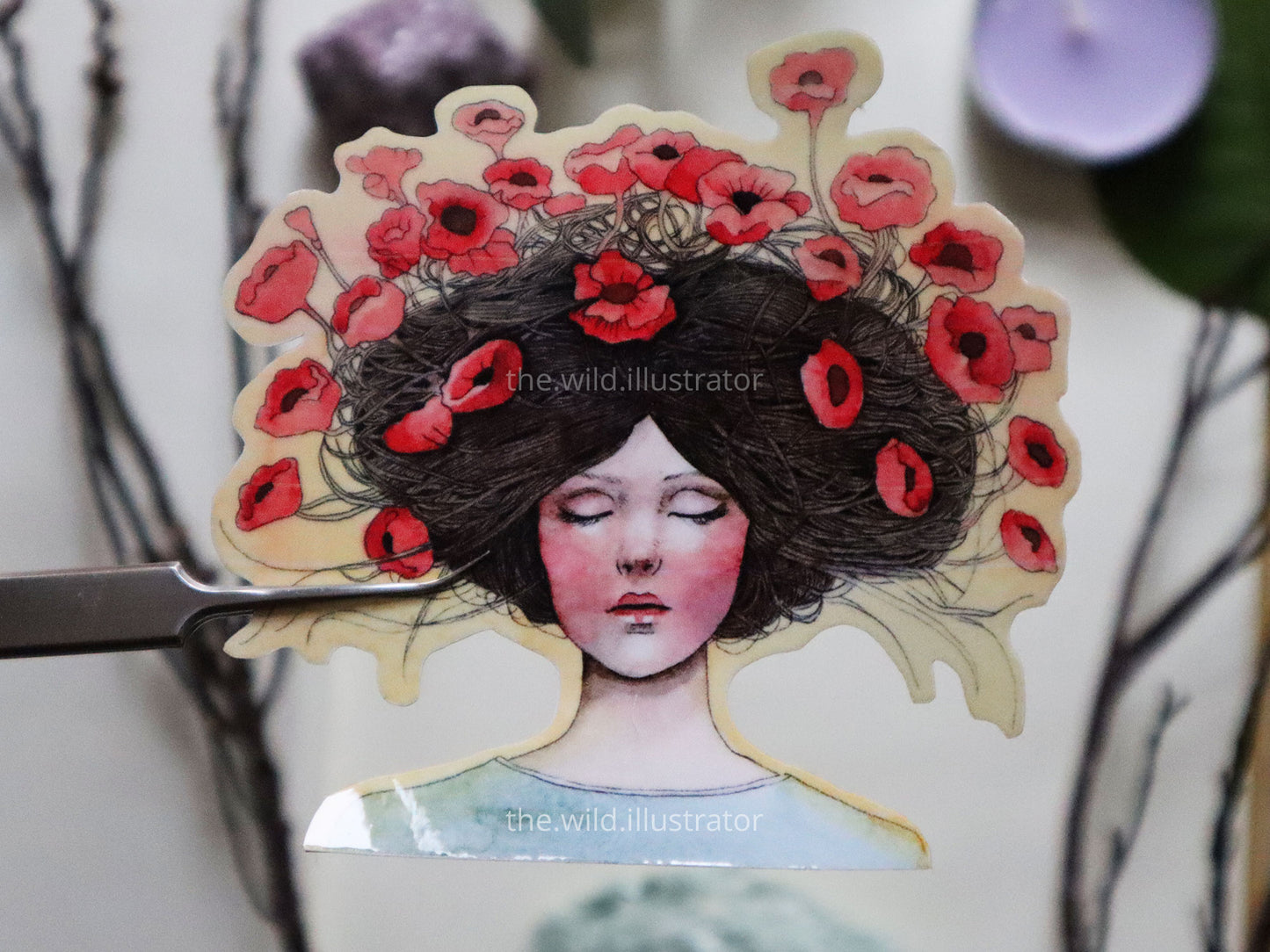 Garden of Dreams sticker featuring a serene woman with tulips blooming from her hair, symbolizing spring renewal and feminine beauty, on a matte vinyl finish.