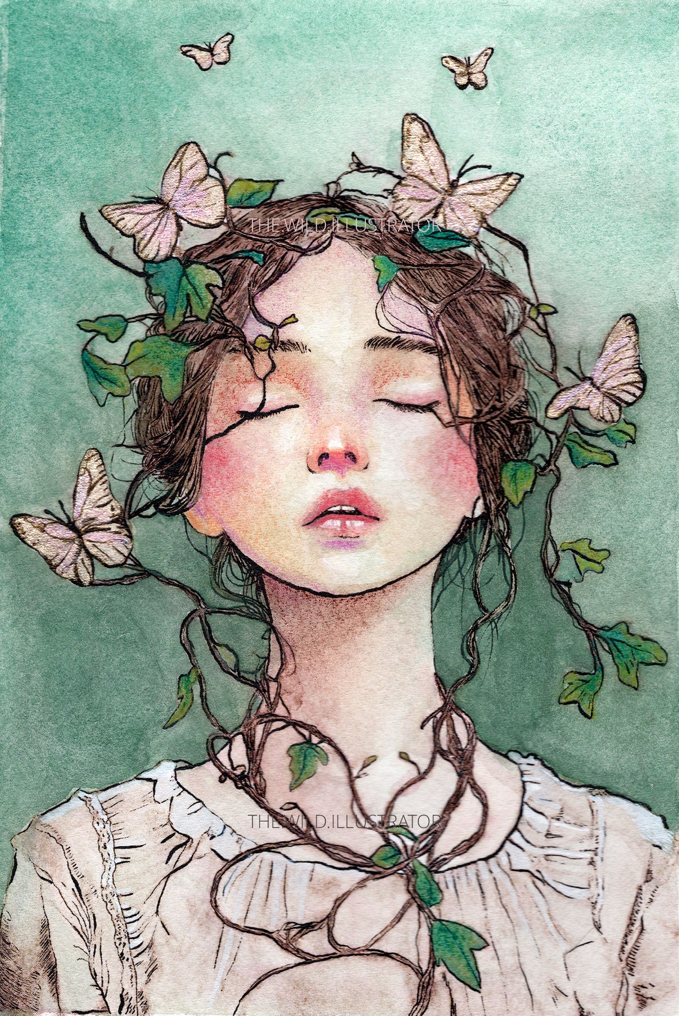 Original watercolor painting featuring a serene woman entwined with vines and golden butterflies on Fabriano 100% cotton paper. Symbolic of harmony with nature.