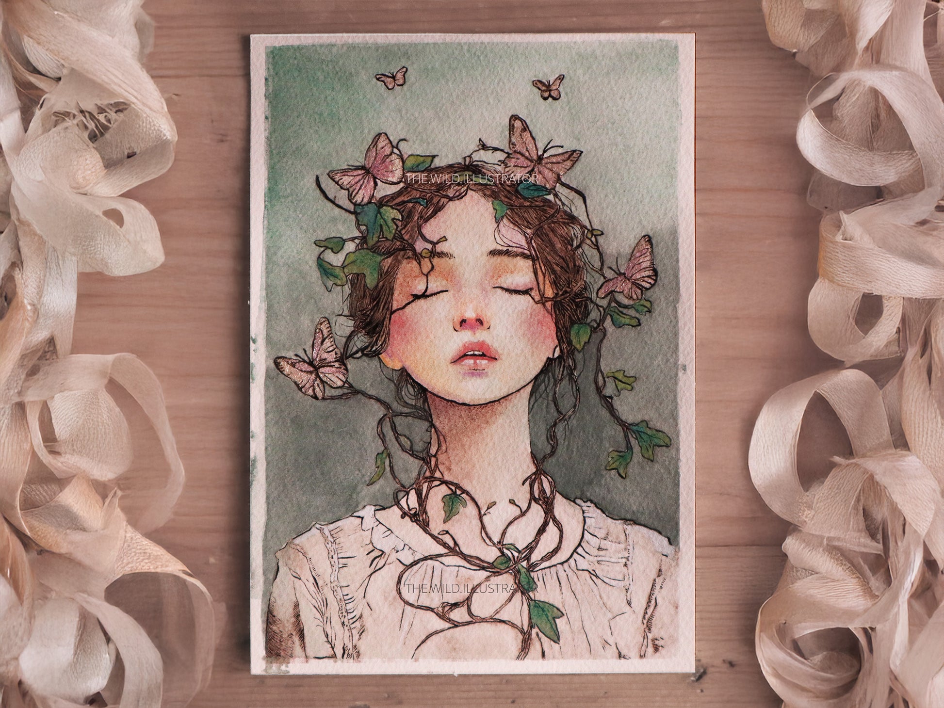 Original watercolor painting featuring a serene woman entwined with vines and golden butterflies on Fabriano 100% cotton paper. Symbolic of harmony with nature.