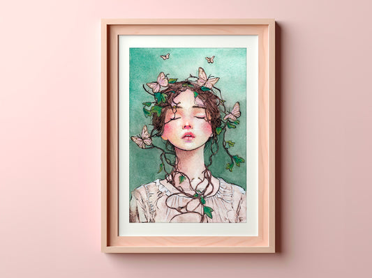 Art print of a woman with vines and golden butterflies in pastel tones, printed on fine art paper. Optional hand-embellished gold accents available, shown in A4 size.