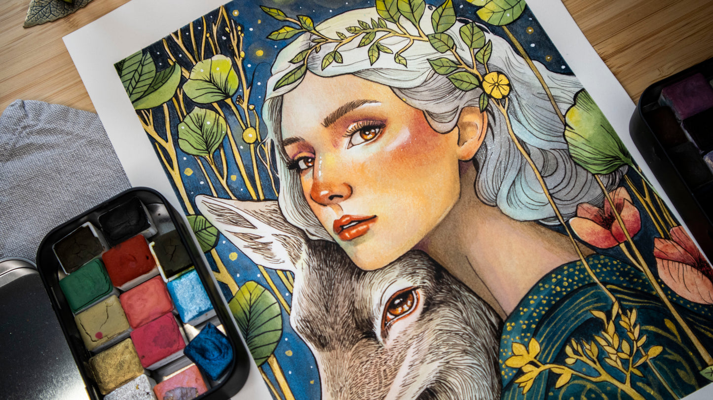 Original watercolor painting of a woman and a deer in a mystical golden forest, with metallic details – Golden Silence by The Wild Illustrator.