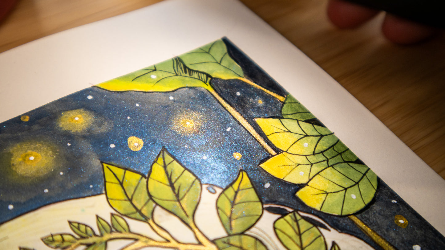 Original watercolor painting of a woman and a deer in a mystical golden forest, with metallic details – Golden Silence by The Wild Illustrator.