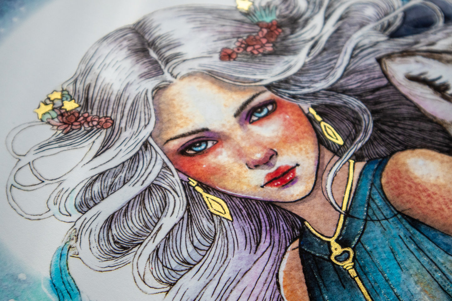 Close-up of Hekate print metallic gold ink details on Archival Matte Paper