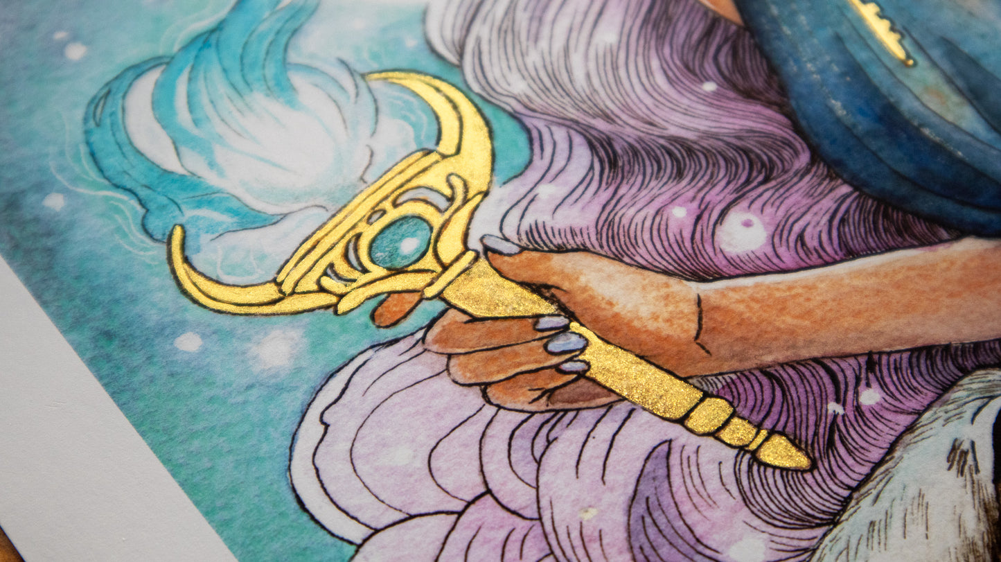 Close-up of Hekate print metallic gold ink details on Archival Matte Paper