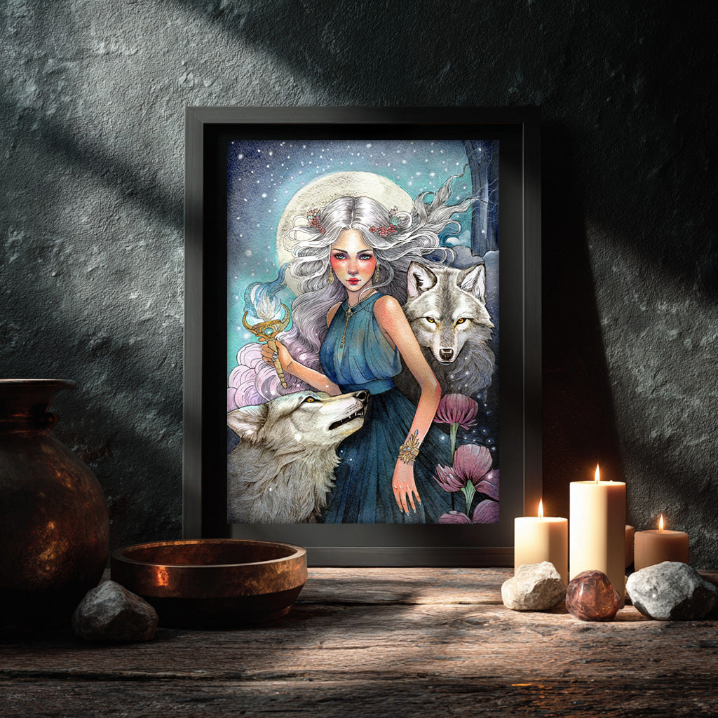 Hekate mystical goddess print displayed framed on wall, A3+ size, hand-embellished