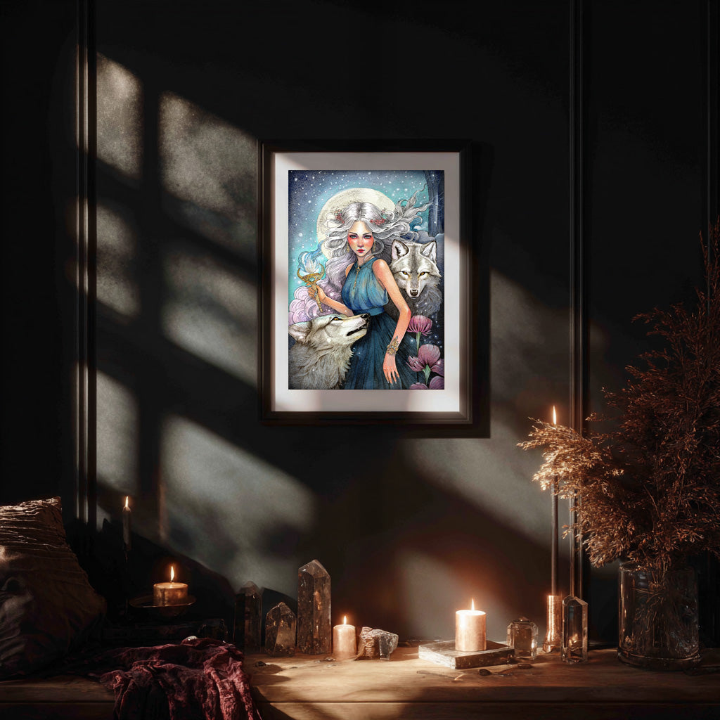 Hekate mystical goddess original watercolor painting displayed framed on wall