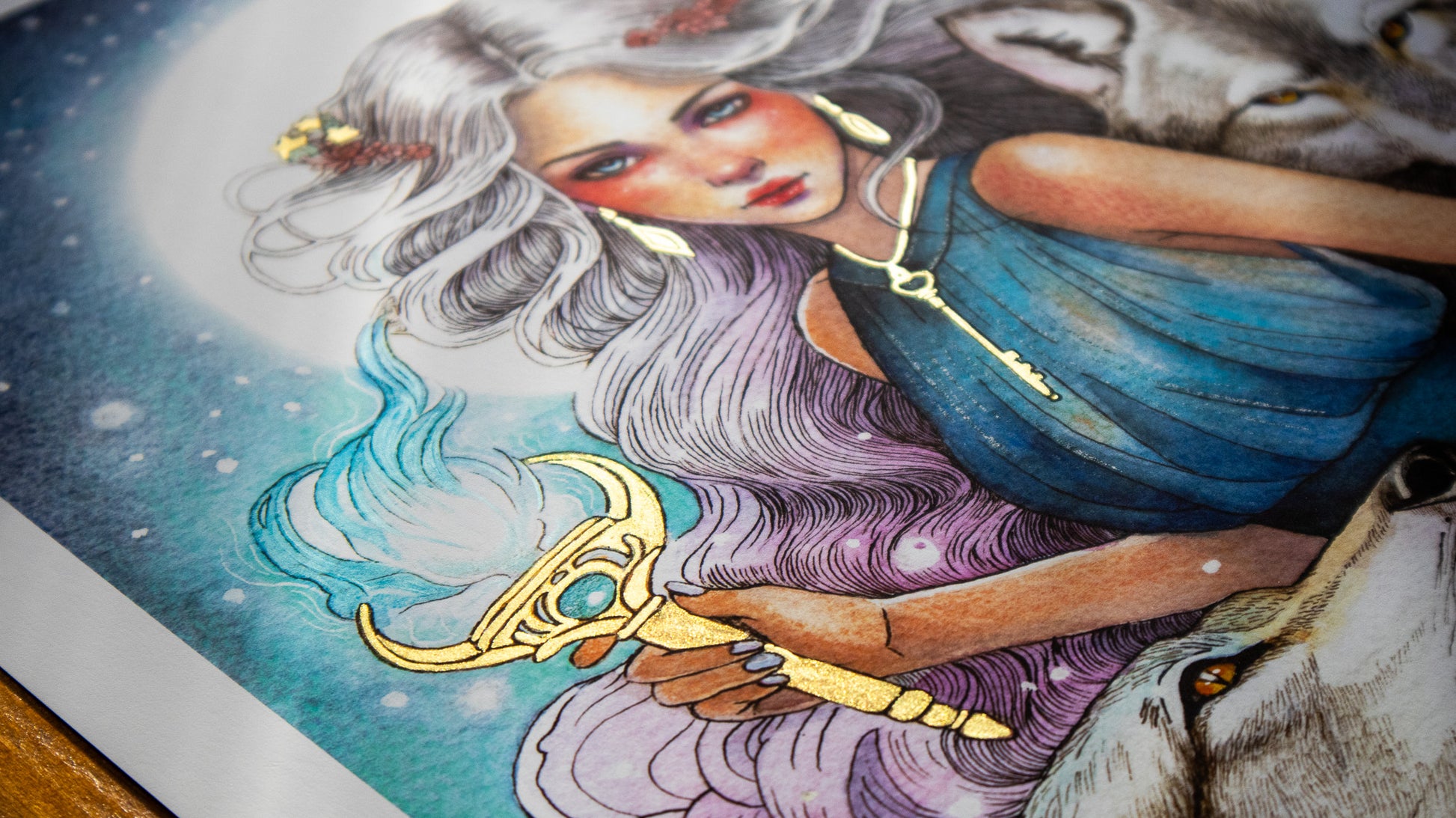 Close-up of Hekate print metallic gold ink details on Archival Matte Paper