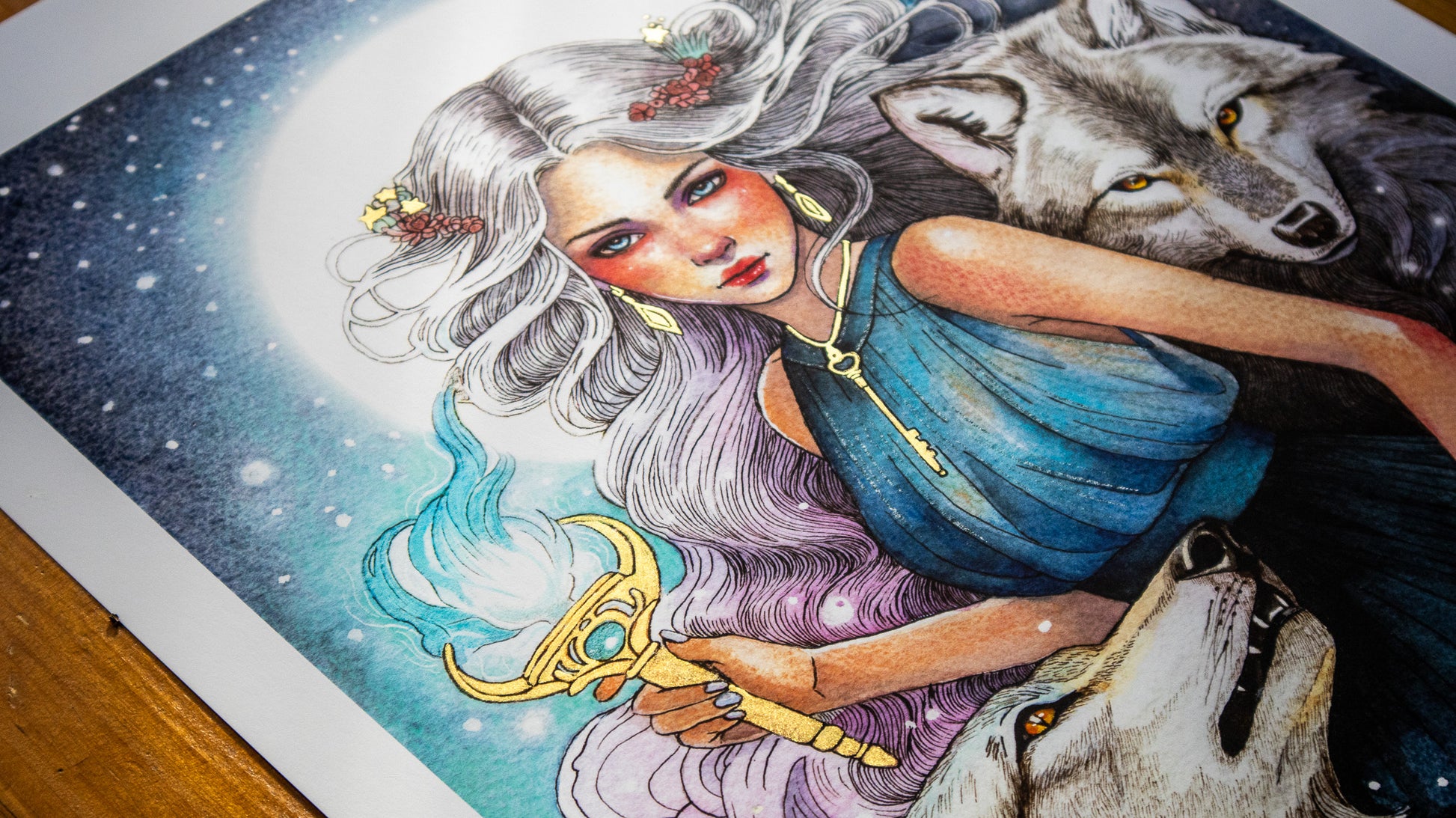 Close-up of Hekate print metallic gold ink details on Archival Matte Paper