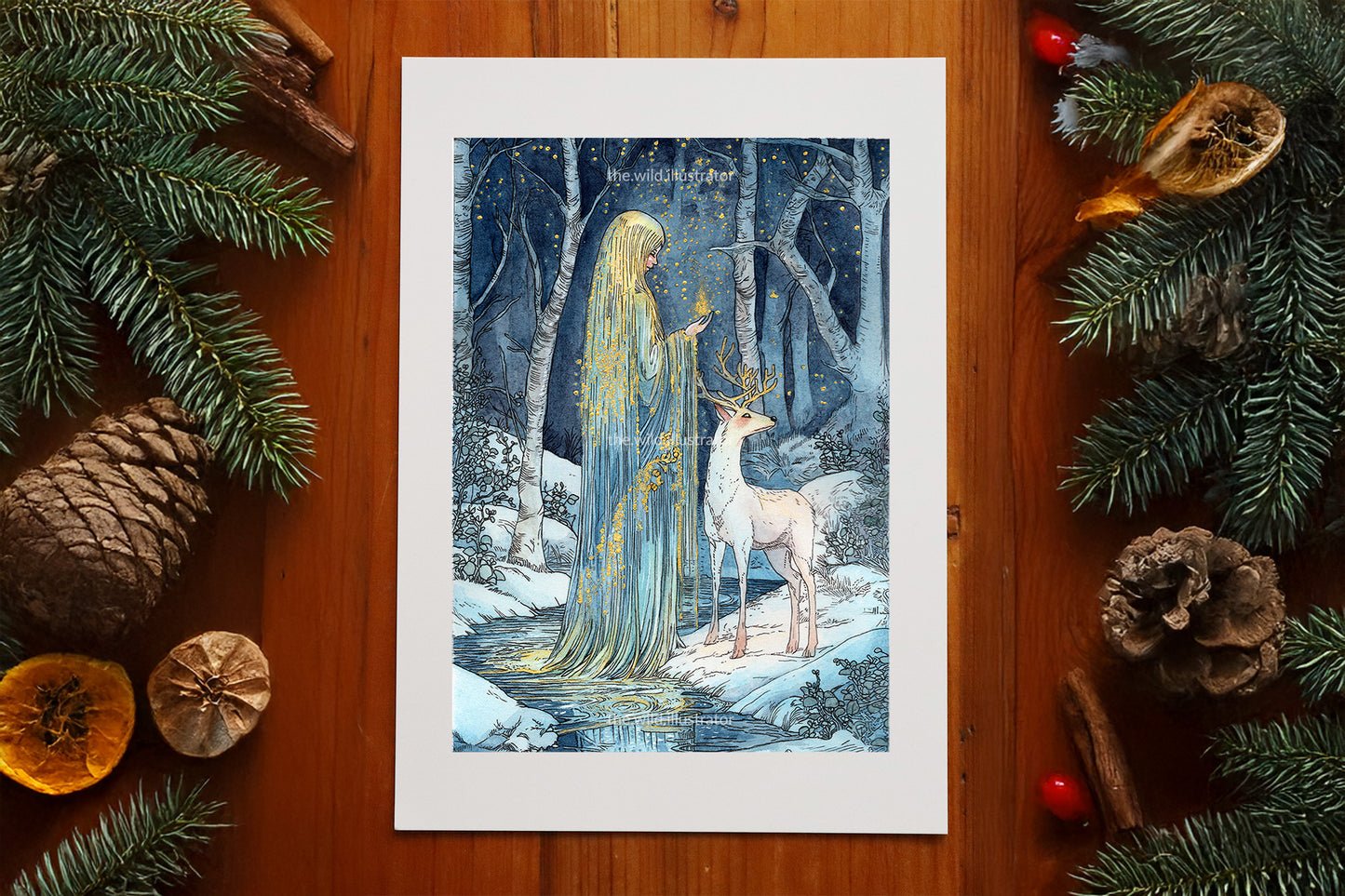 The Solstice Spirit - Mystical Winter Art Print | Nature-Inspired Decor | Hand-Embellished with Gold