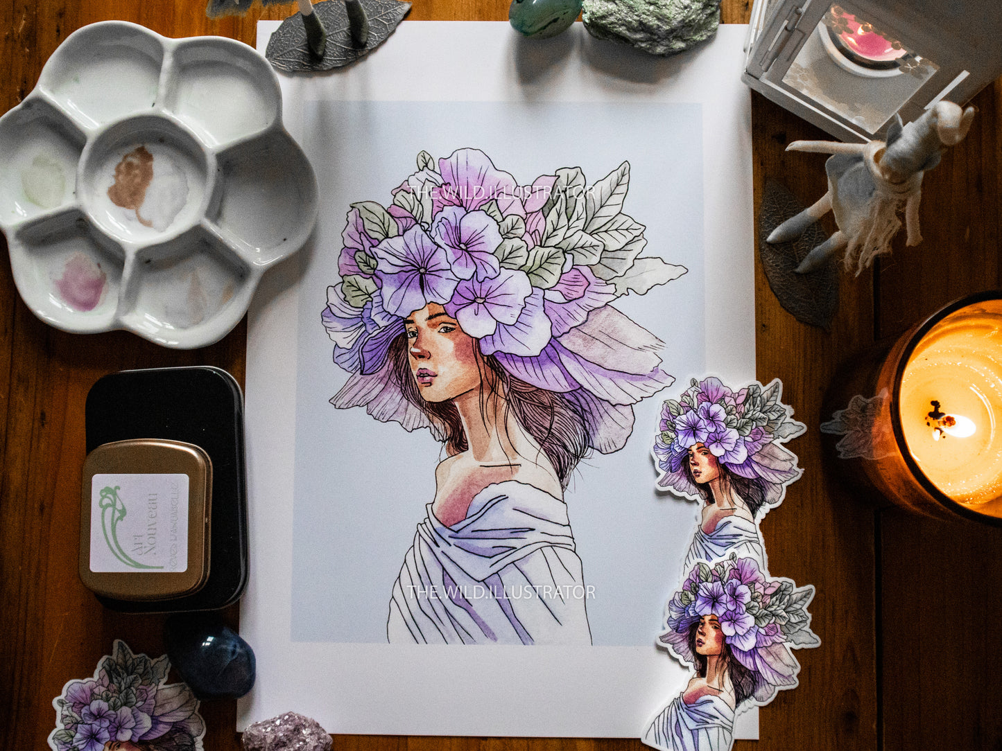 Floral Reverie art print of a woman with pastel flowers blooming from her hair, symbolizing spring’s renewal and tranquility.