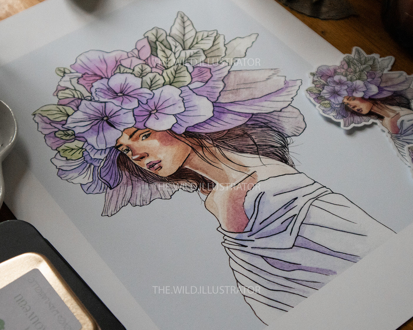 Floral Reverie art print of a woman with pastel flowers blooming from her hair, symbolizing spring’s renewal and tranquility.