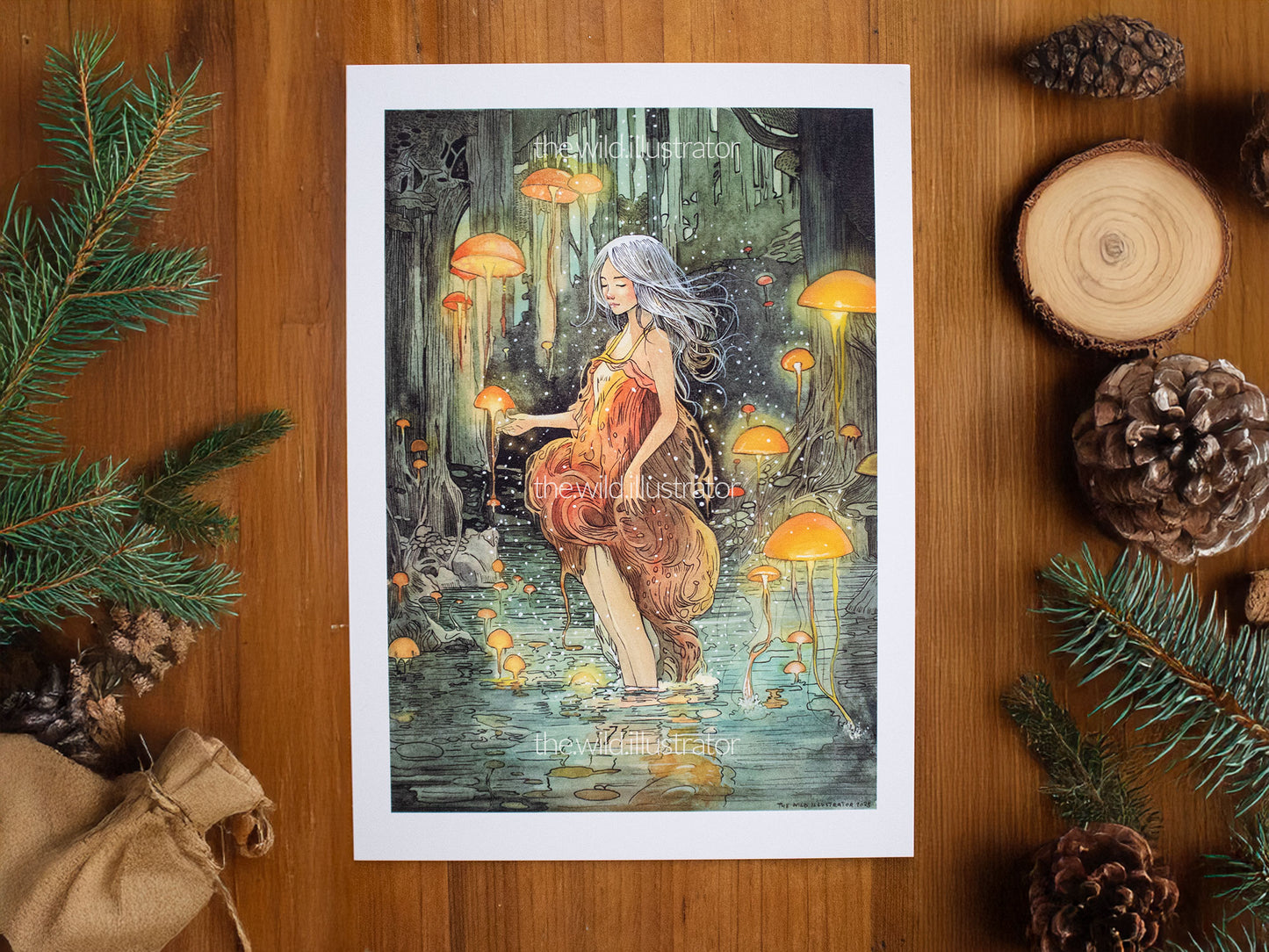 Art print of a mystical forest nymph emerging from a stream, surrounded by glowing mushrooms and jellyfish-like beings, symbolizing harmony and the magic of nature.