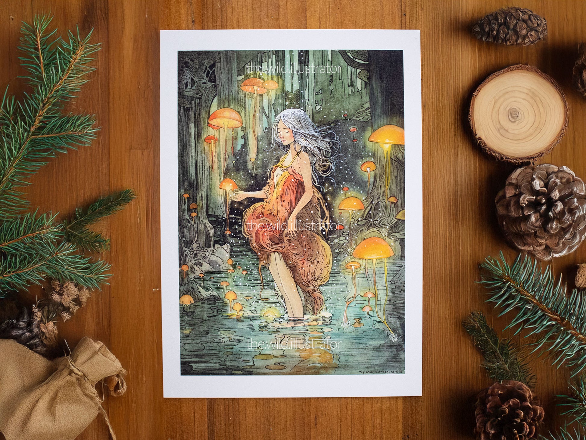 Art print of a mystical forest nymph emerging from a stream, surrounded by glowing mushrooms and jellyfish-like beings, symbolizing harmony and the magic of nature.