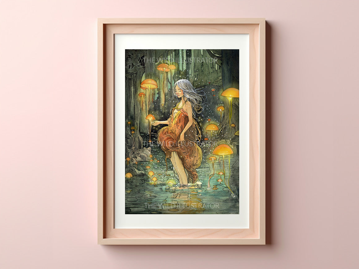 Art print of a mystical forest nymph emerging from a stream, surrounded by glowing mushrooms and jellyfish-like beings, symbolizing harmony and the magic of nature.