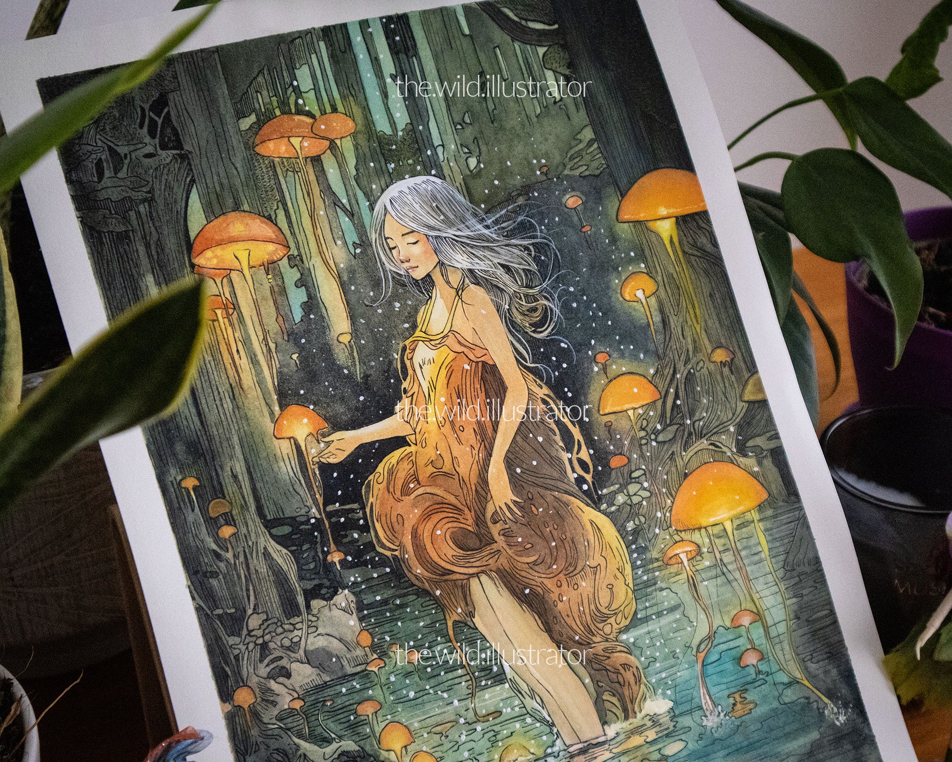 Original watercolor painting of a forest nymph rising from a stream, surrounded by glowing mushrooms and ethereal, jellyfish-like beings.